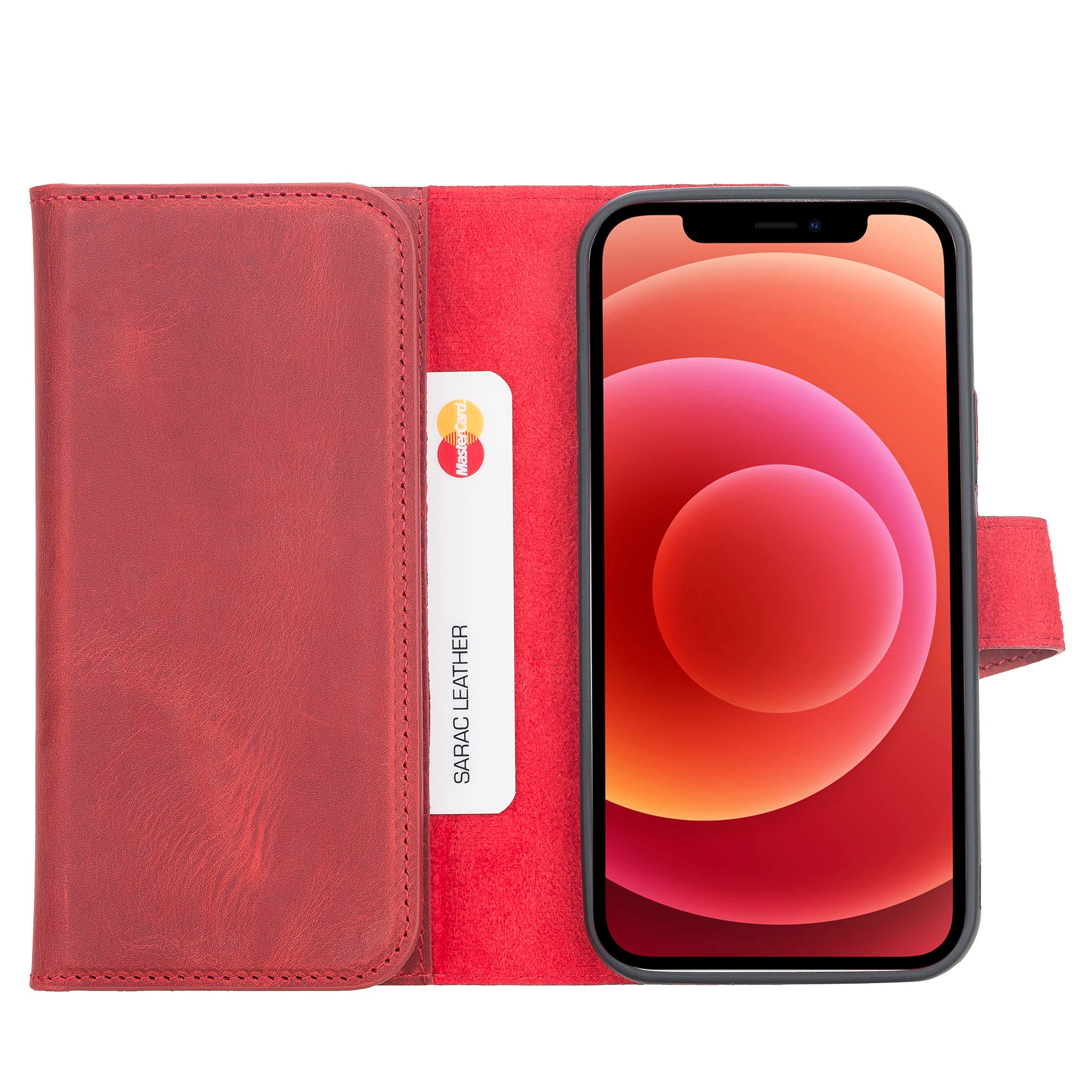 Santa Magnetic Detachable Leather Wallet Case for iPhone 12 Mini (5.4") - RED - saracleather
