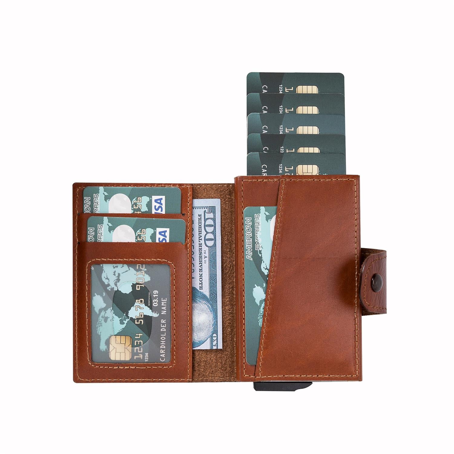 Mondello RFID Blocker Mechanism Pop Up Leather Wallet - EFFECT BROWN - saracleather