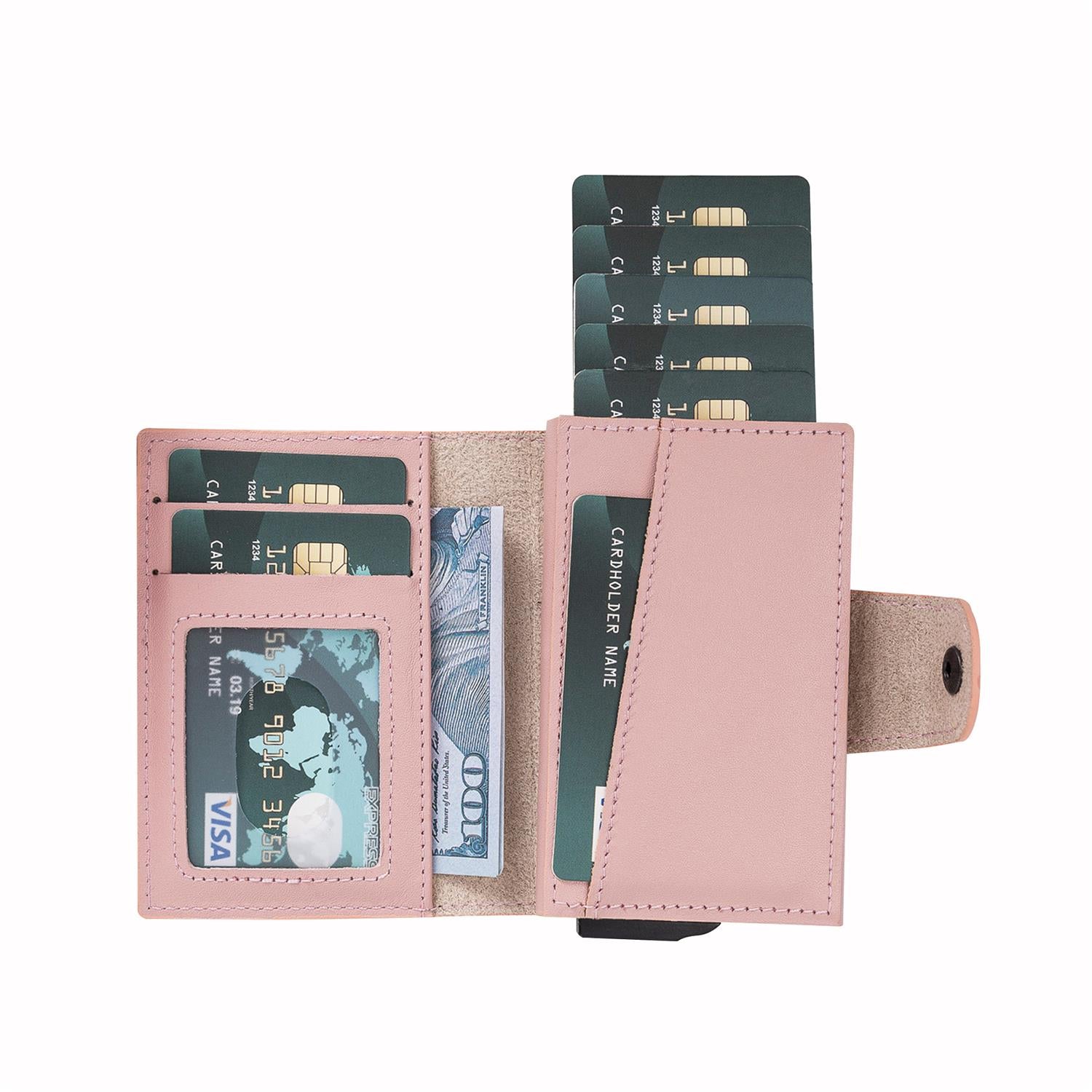 Mondello RFID Blocker Mechanism Pop Up Leather Wallet - PINK - saracleather