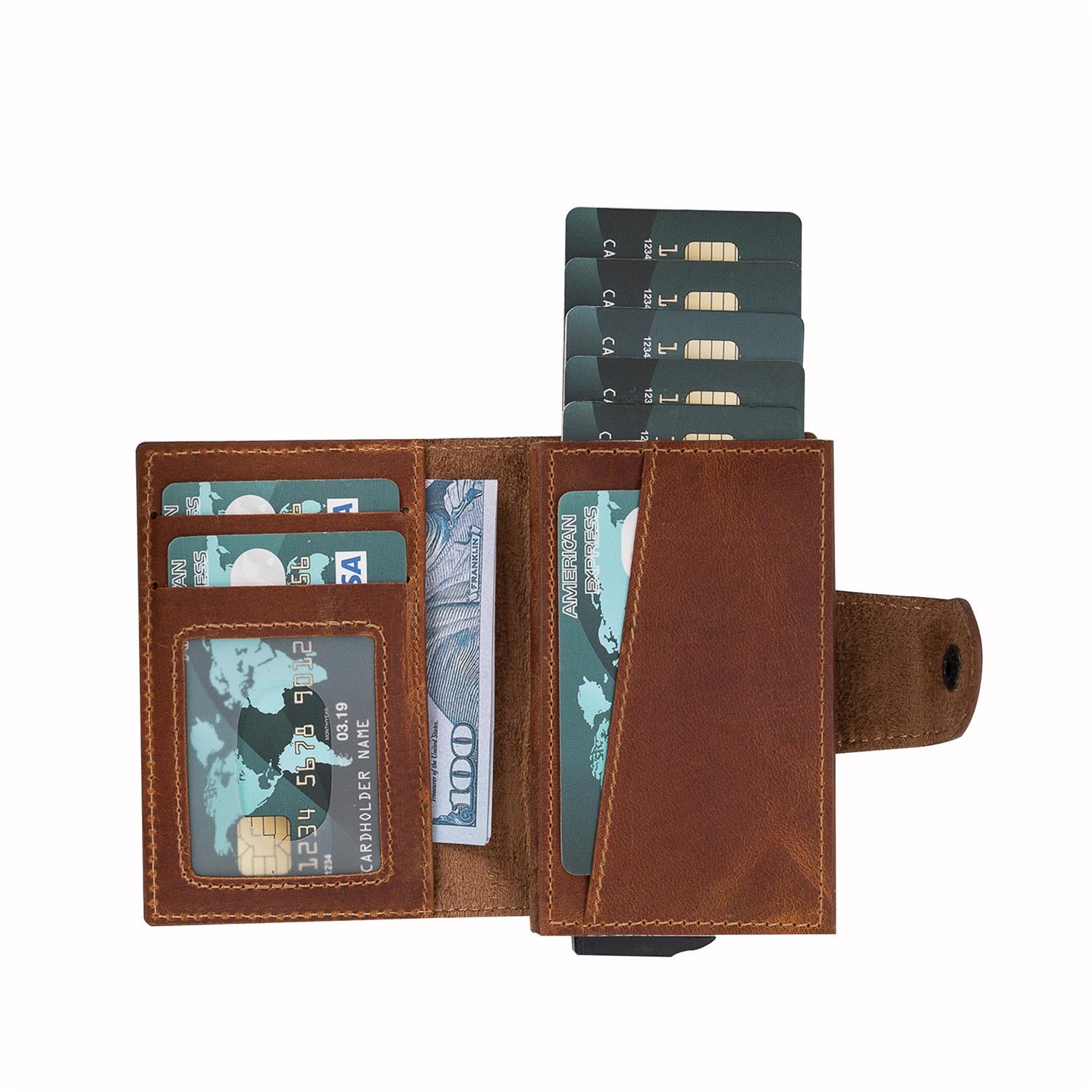 Mondello RFID Blocker Mechanism Pop Up Leather Wallet - TAN - saracleather