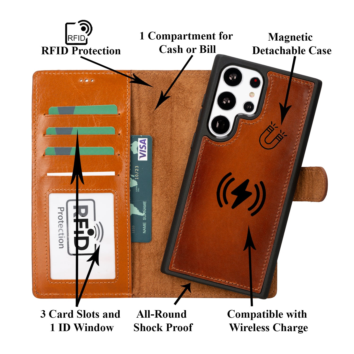 Magic Magnetic Detachable Leather RFID Blocker Wallet Case for Samsung Galaxy S23 Ultra (6.8") - EFFECT BROWN