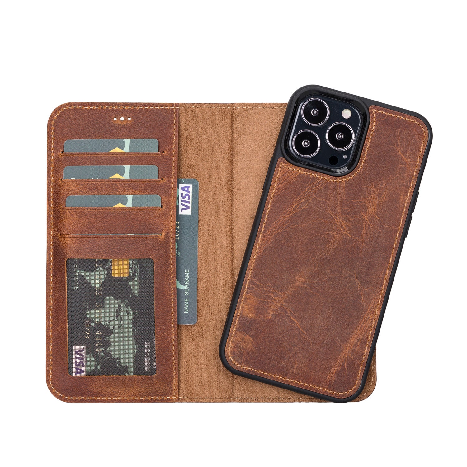 Liluri Magnetic Detachable Leather Wallet Case for iPhone 13 Pro Max (6.7") - TAN - saracleather