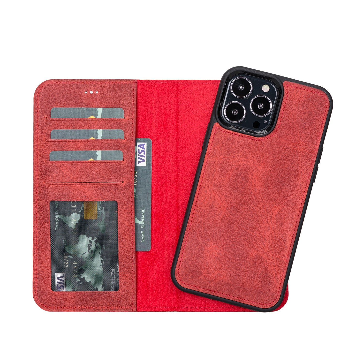 Liluri Magnetic Detachable Leather Wallet Case for iPhone 13 Pro Max (6.7") - RED - saracleather