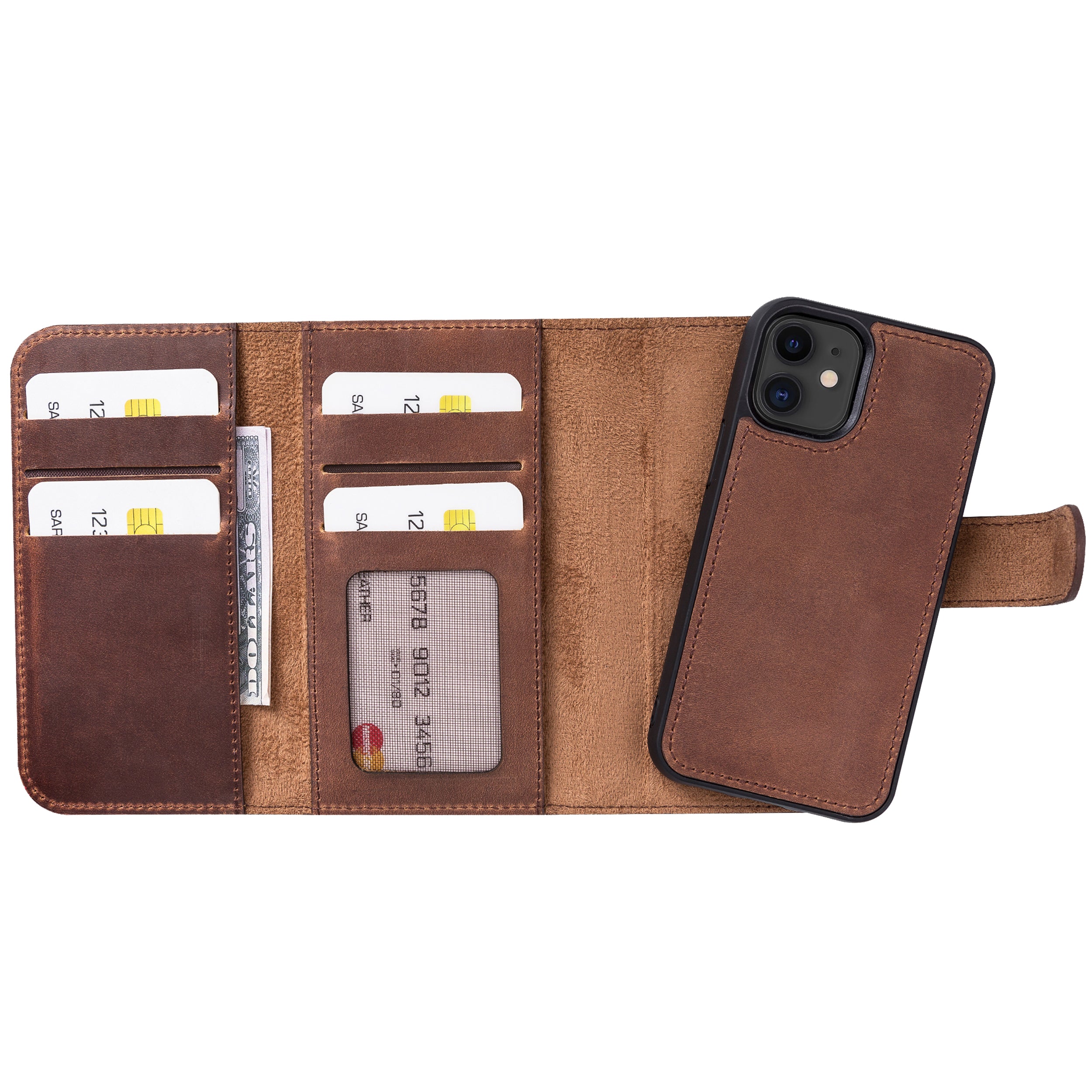 Santa Magnetic Detachable Leather Wallet Case for iPhone 12 Mini (5.4") - BROWN - saracleather