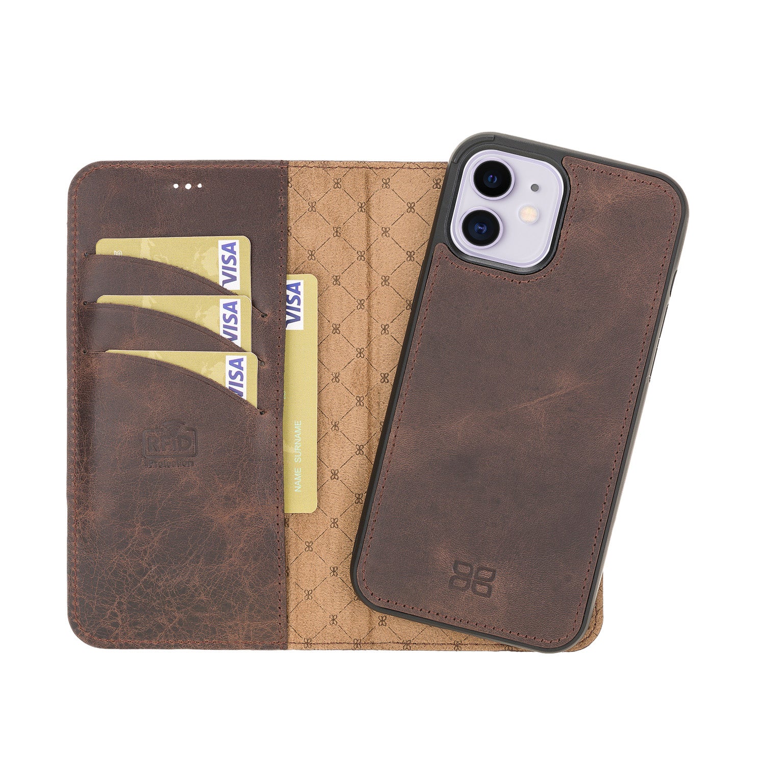 Magic Magnetic Detachable Leather Wallet Case with RFID for iPhone 12 Mini (5.4") - BROWN - saracleather