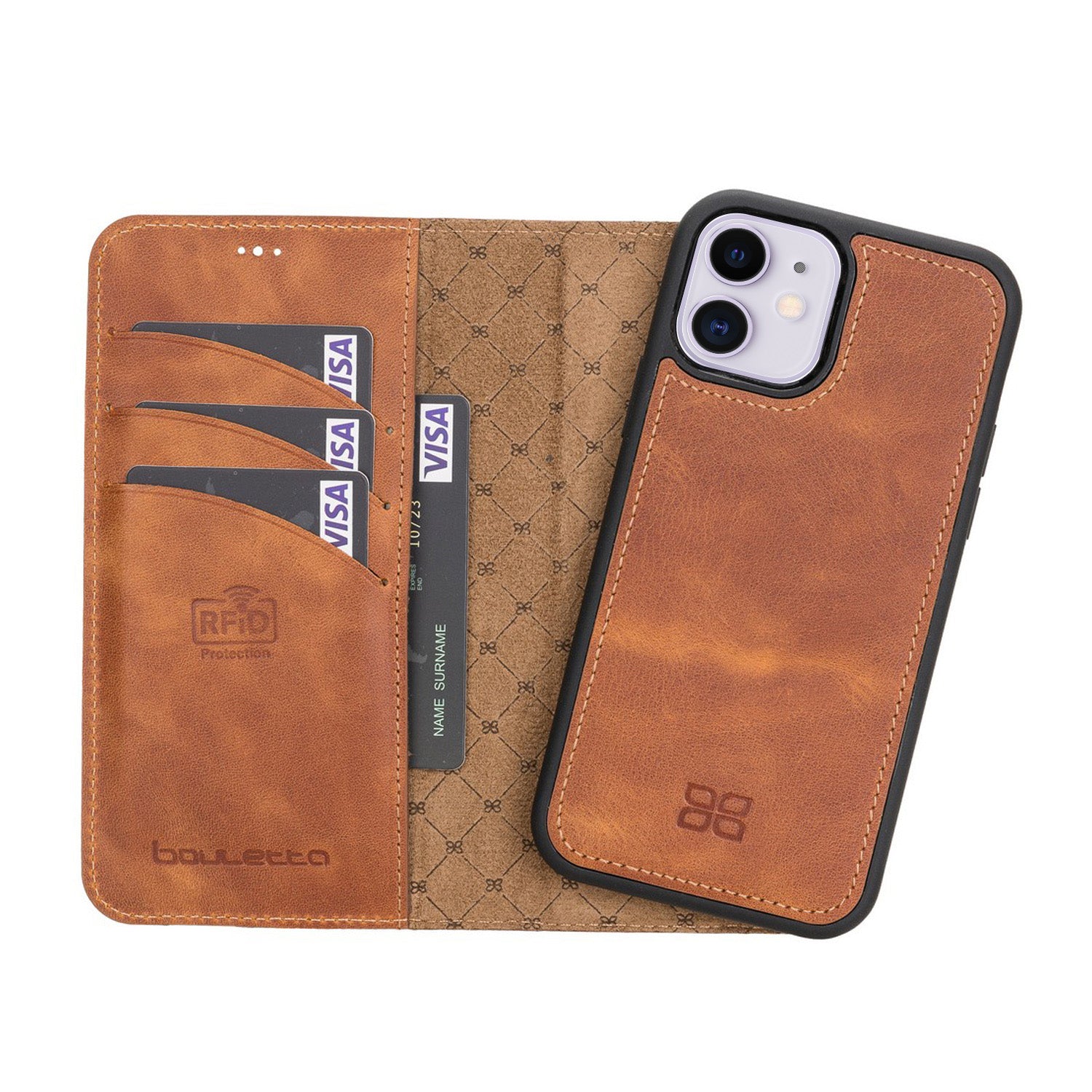 Magic Magnetic Detachable Leather Wallet Case with RFID for iPhone 12 Mini (5.4") - TAN - saracleather