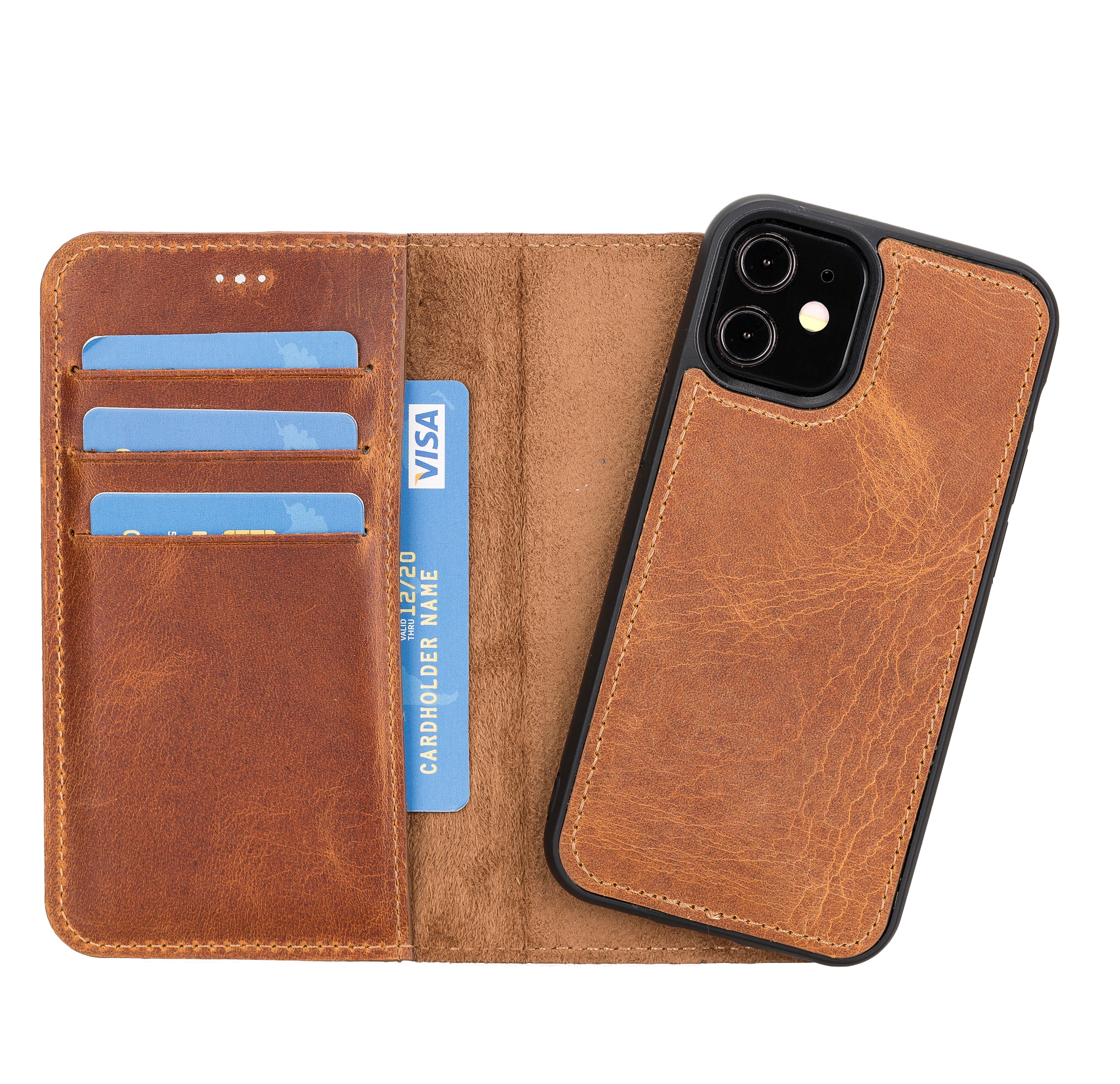 Magic Magnetic Detachable Leather Wallet Case for iPhone 12 Mini (5.4") - TAN - saracleather