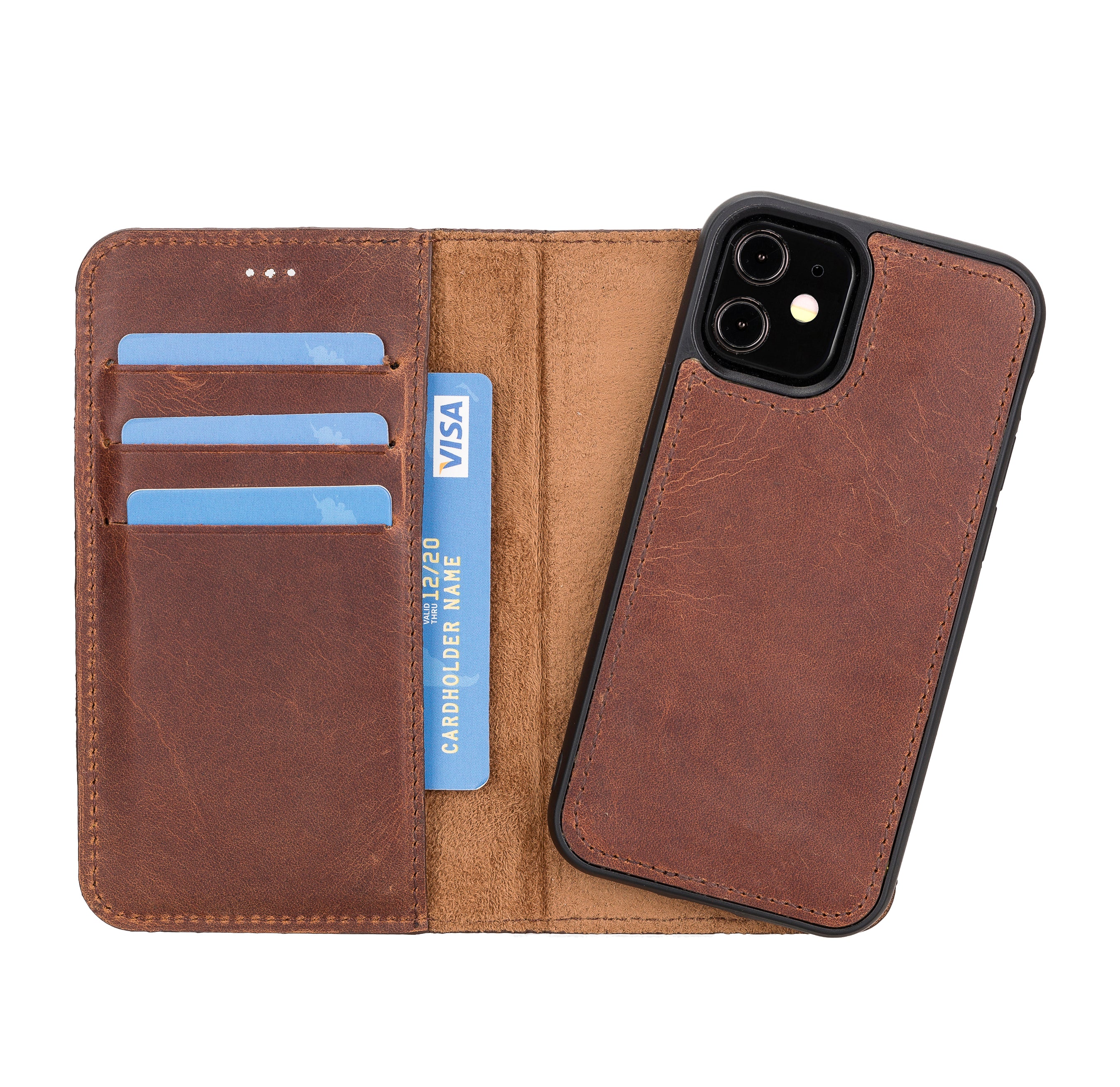 Magic Magnetic Detachable Leather Wallet Case for iPhone 12 Mini (5.4") - BROWN - saracleather