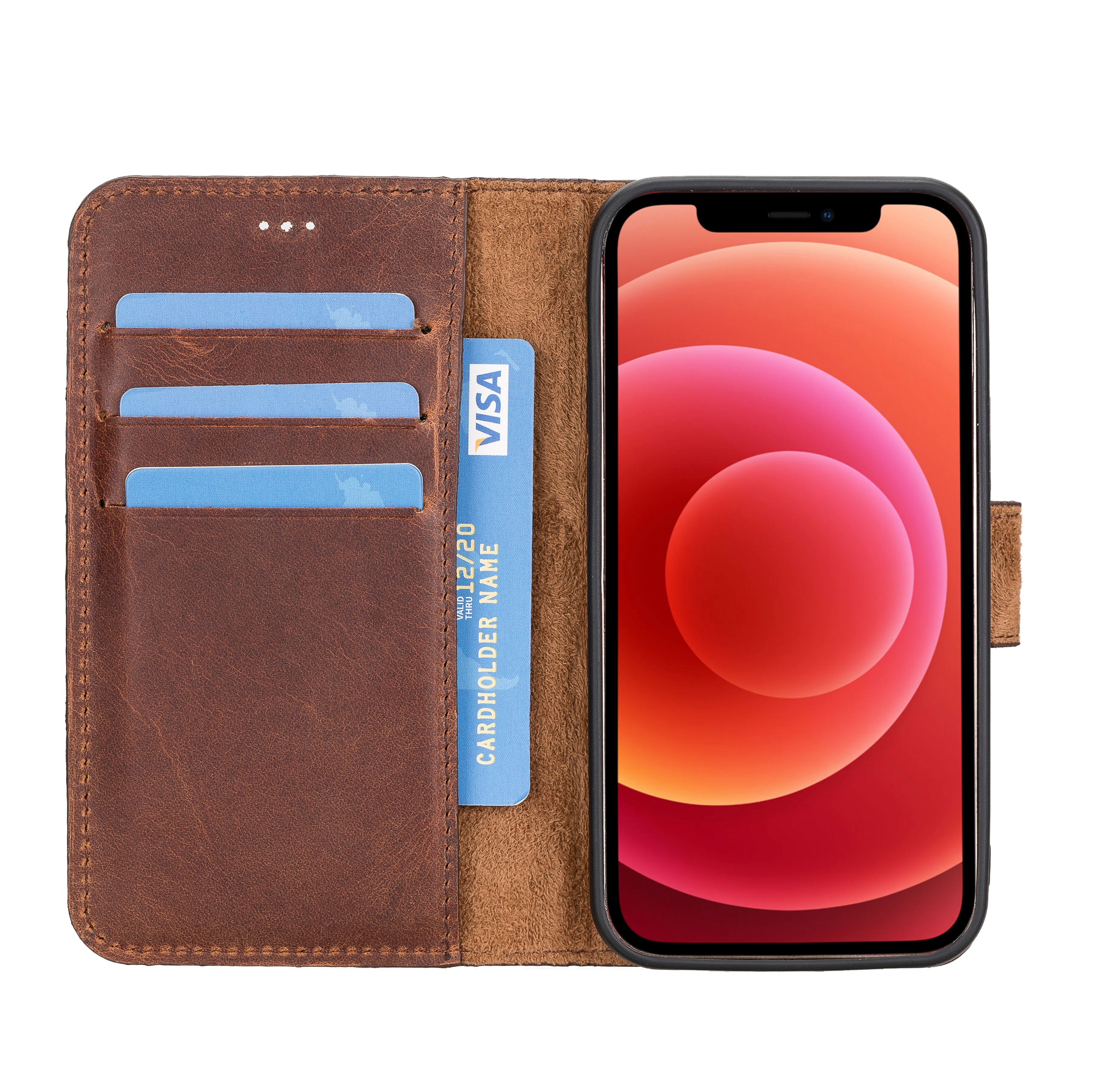 Magic Magnetic Detachable Leather Wallet Case for iPhone 12 Mini (5.4") - BROWN - saracleather