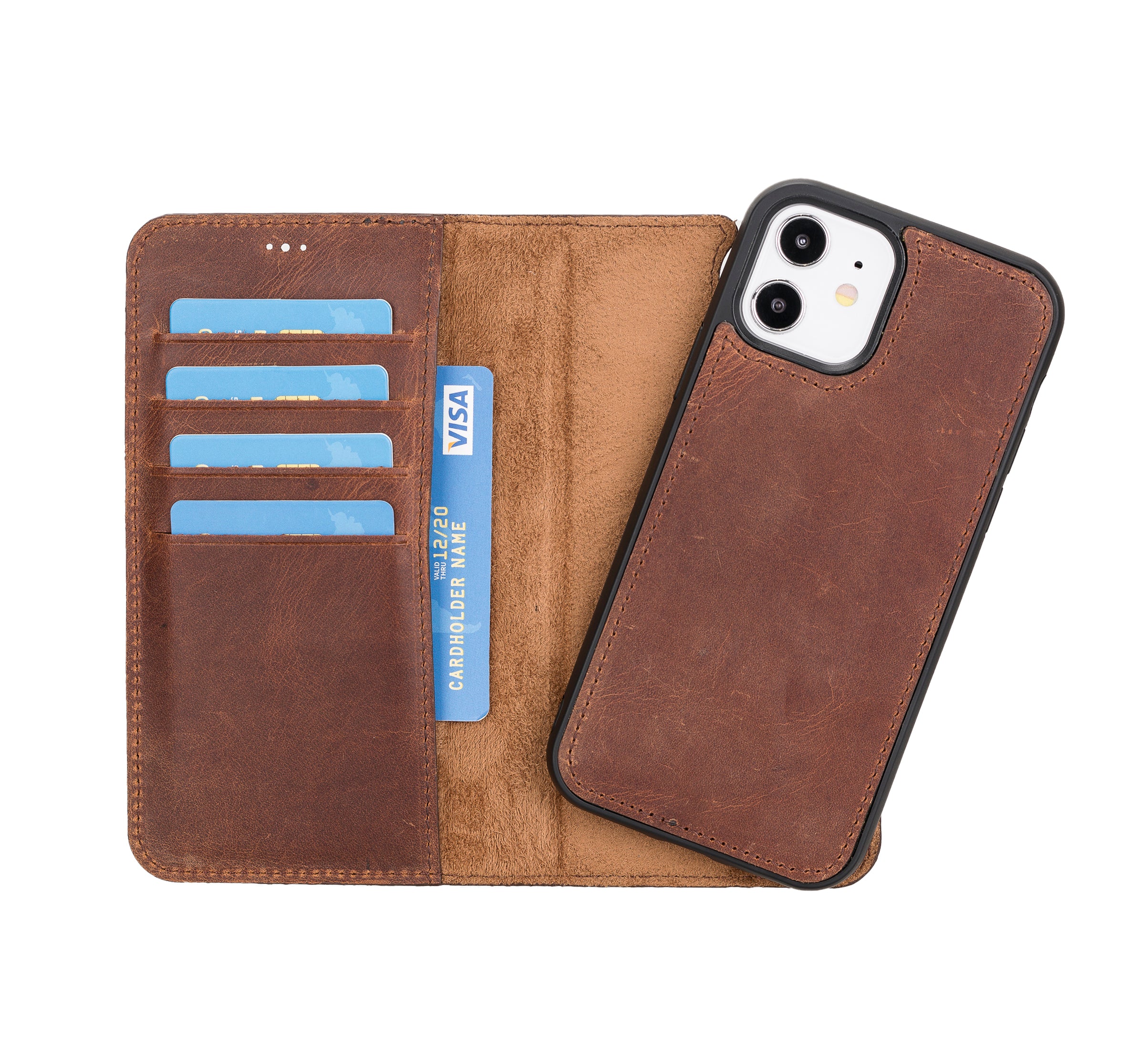 Magic Magnetic Detachable Leather Wallet Case for iPhone 12 (6.1") - BROWN - saracleather