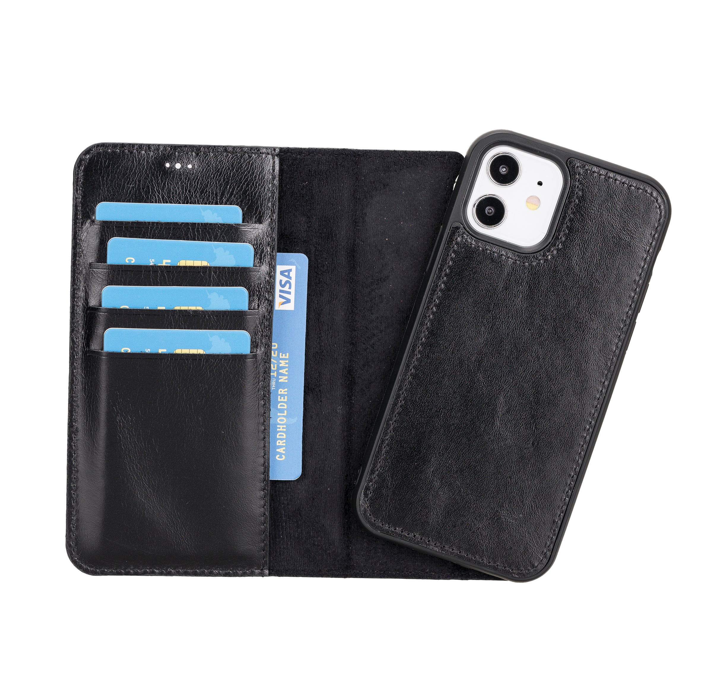 Magic Magnetic Detachable Leather Wallet Case for iPhone 12 (6.1") - BLACK - saracleather