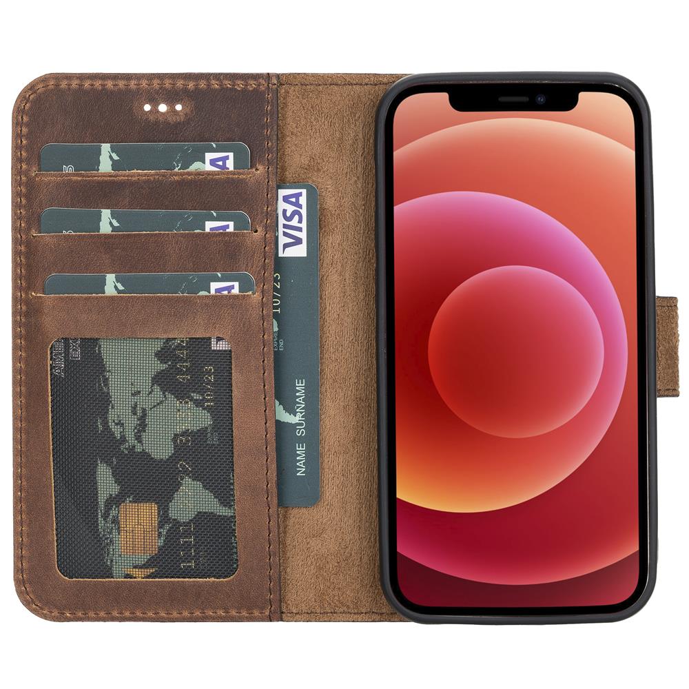 Liluri Magnetic Detachable Leather Wallet Case for iPhone 12 Mini (5.4") - BROWN - saracleather