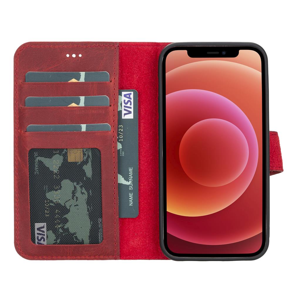 Liluri Magnetic Detachable Leather Wallet Case for iPhone 12 Mini (5.4") - RED - saracleather