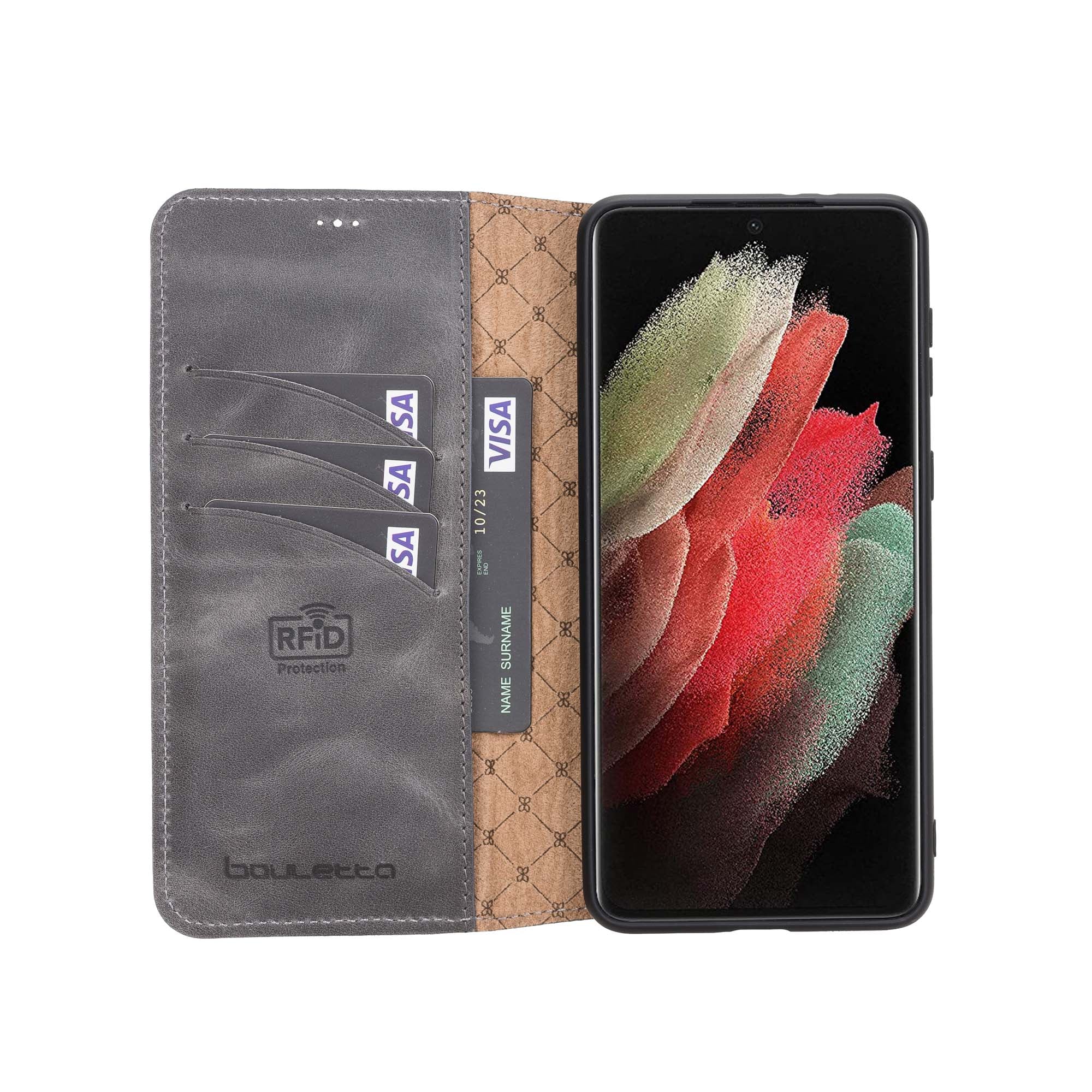 Wallet Folio Leather Case with RFID for Samsung Galaxy S21 Plus 5G (6.7") - GRAY - saracleather