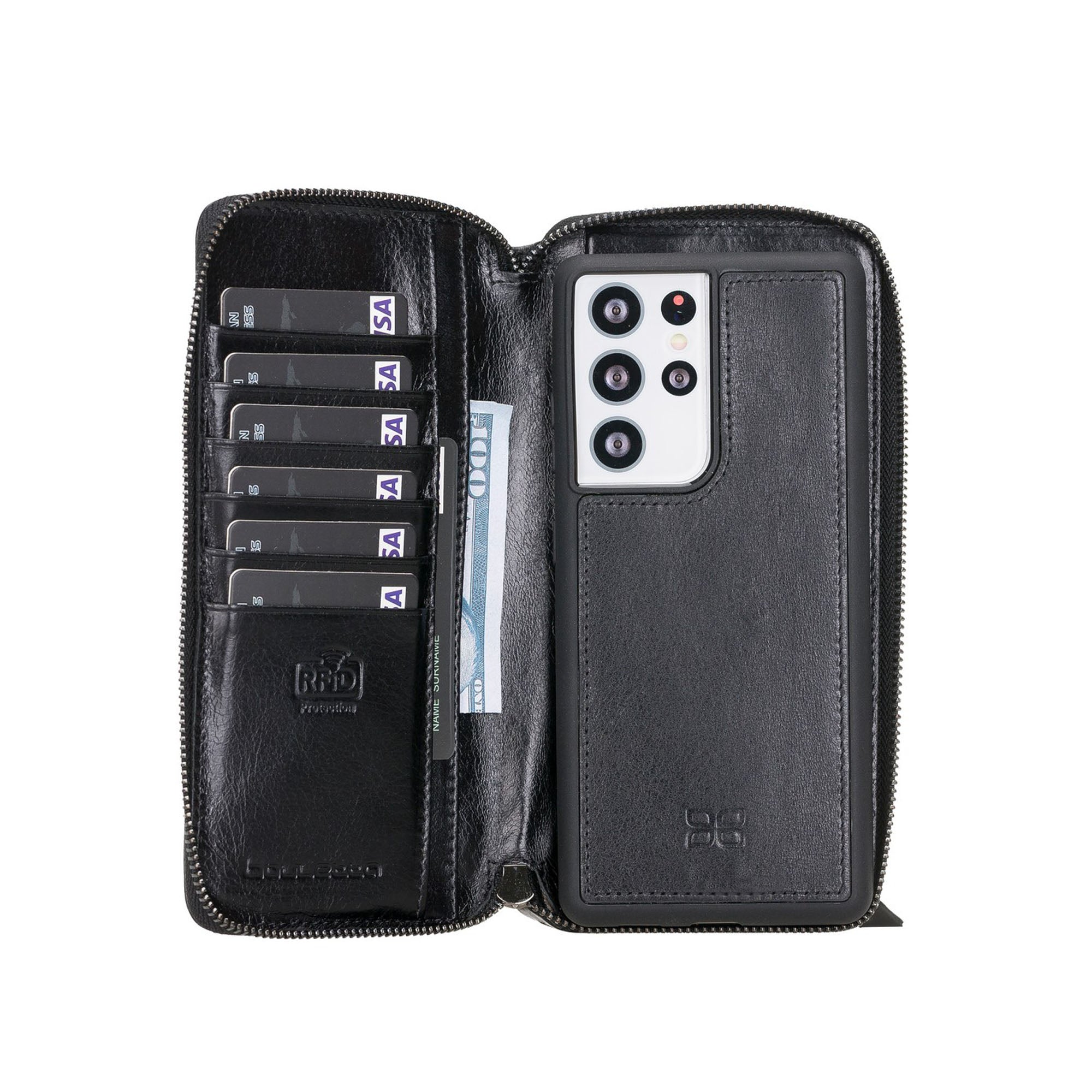 Pouch Magnetic Detachable Leather Wallet Case with RFID for Samsung Galaxy S21 Ultra 5G (6.8") - BLACK - saracleather